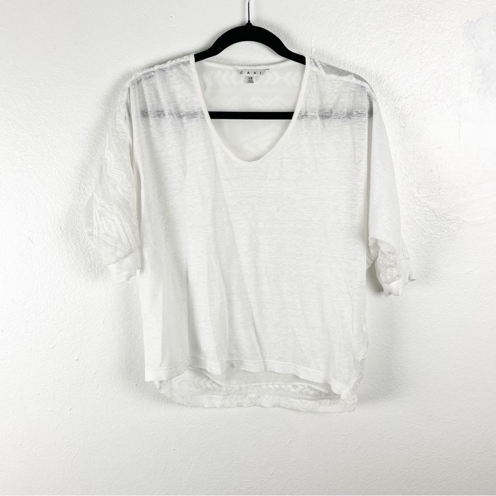 CABI Waverly 100% Linen White Dolman Sleeves Lace Aztec Back Print V-Neck Top XS